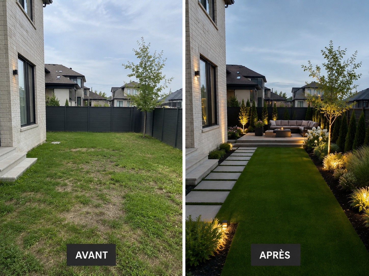 Avant et après d'une cour arrière transformée par Vertika Paysagement